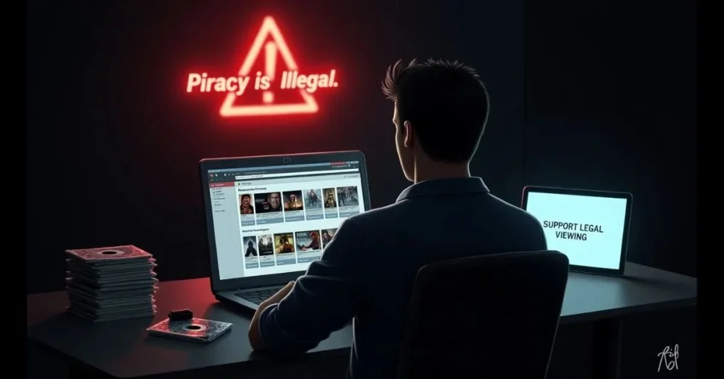 User browsing MovieRulz DVD on a laptop, with a "Piracy is Illegal" warning and a screen urging "Support Legal Viewing"highlighting piracy risks.