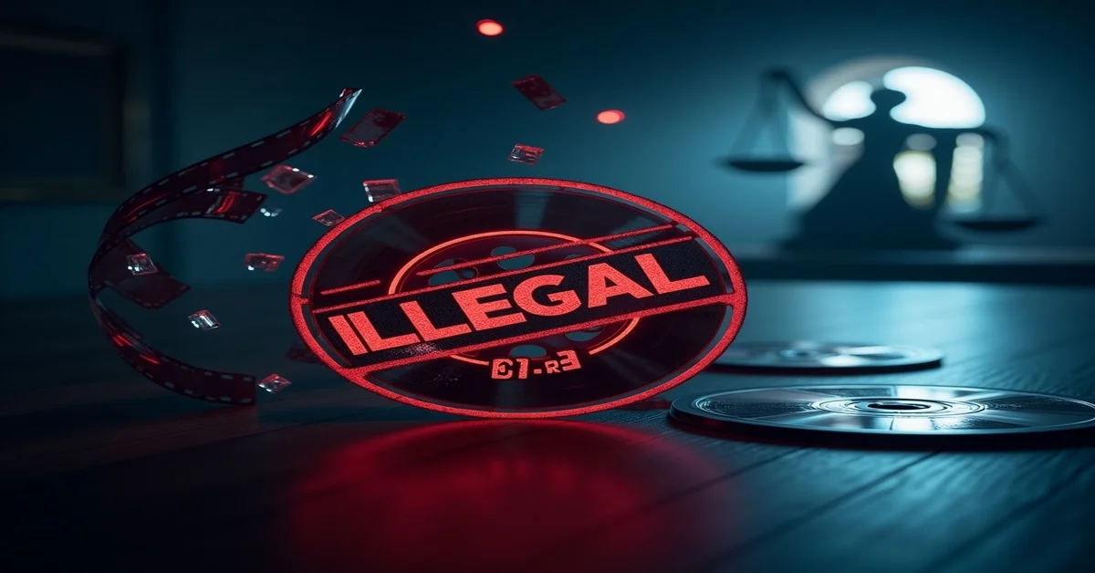 Illustration of a broken movie reel with “Illegal” stamp on a DVD labeled “Movierulz DVD Rip,” with justice scales in the background symbolizing copyright violation.