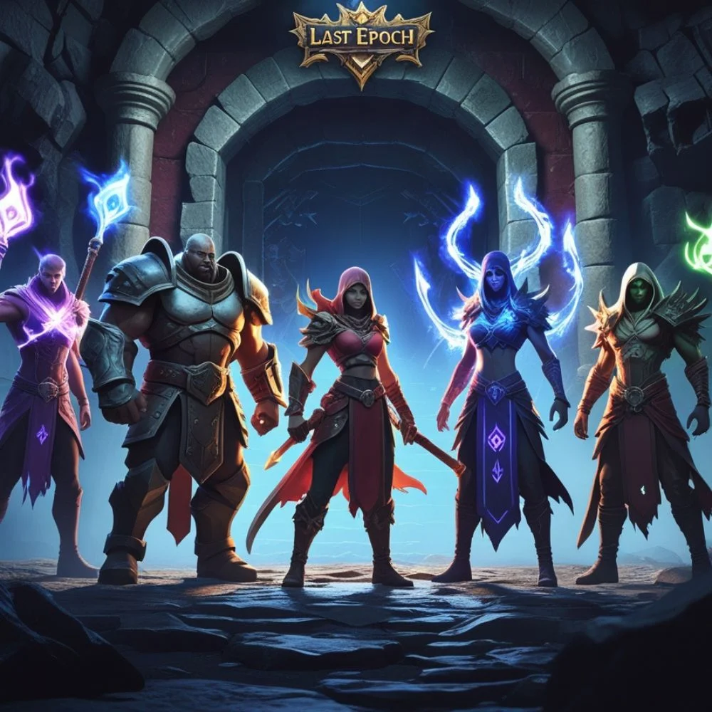"Coordinated Last Epoch team with diverse builds."
