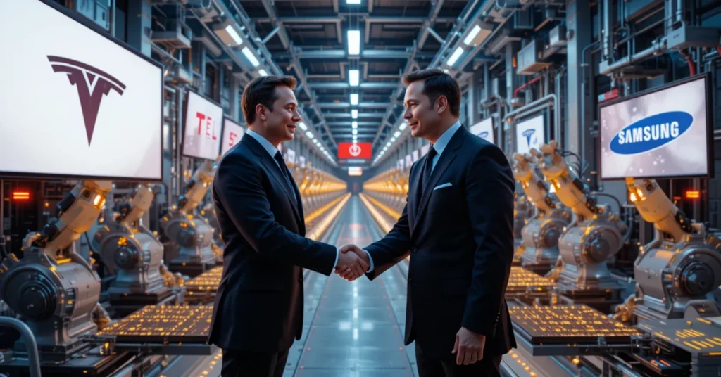 Tesla Samsung chip deal handshake in fab plant