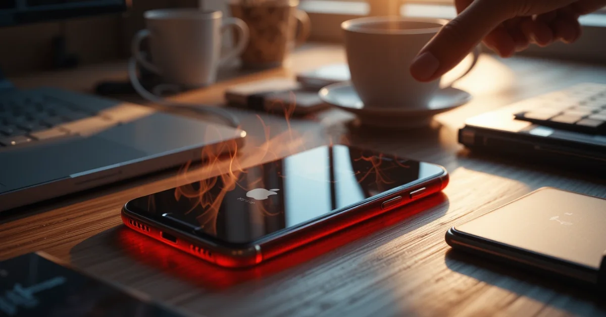 A close-up of an overheating iPhone with a glowing heat effect and visible Apple logo, placed on a sunlit desk