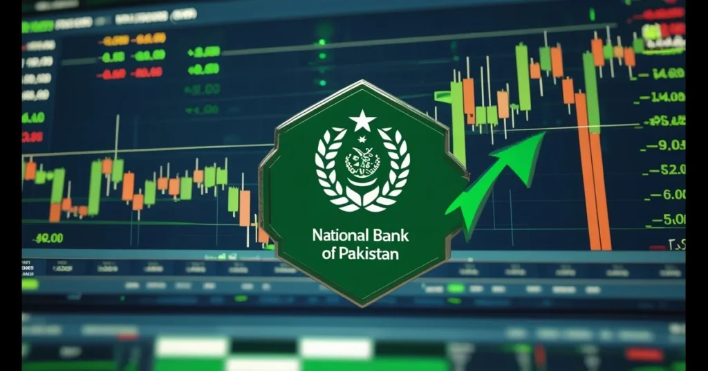 NBP logo with bullish stock chart on PSX