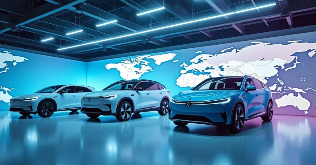 Showroom display of NIO, ONVO, and Firefly EVs representing the company’s global multi-brand strategy.
