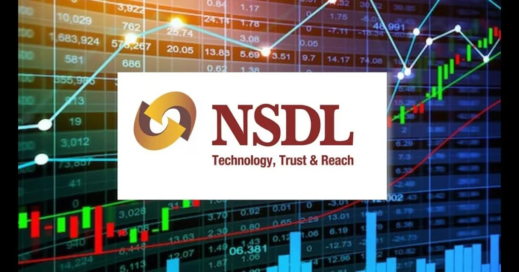 NSDL logo with the tagline "Technology, Trust & Reach" set against a stock market backdrop, referencing the NSDL IPO allotment date.