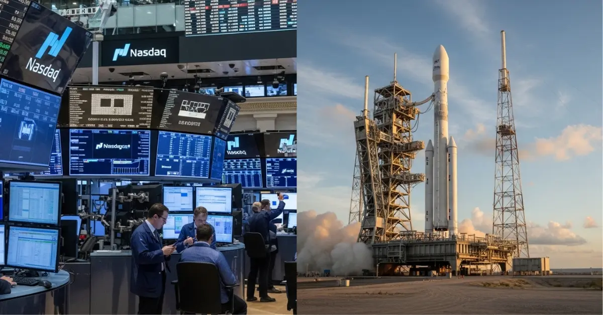 Nasdaq trading floor alongside a rocket on a launch pad.