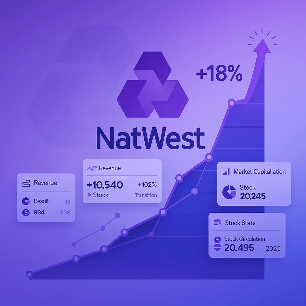 Stylized chart showing NatWest’s 18% profit increase in 2025 with logo and upward trend arrow 