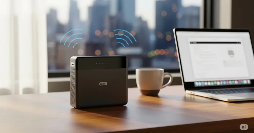 Wi-Fi 7 mobile router on desk with city view