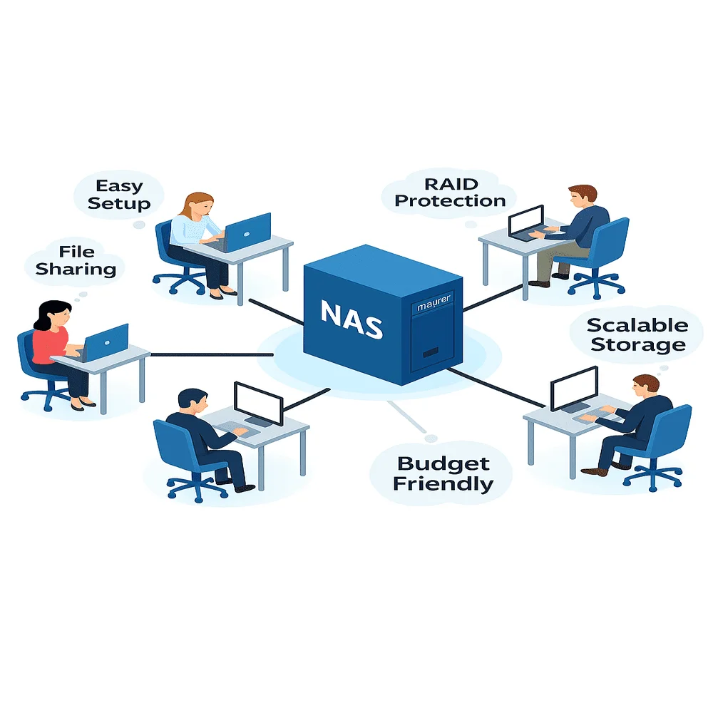 Diagram highlighting key benefits of a NAS system: easy setup, file sharing, RAID protection, budget-friendly, and scalable storage. 