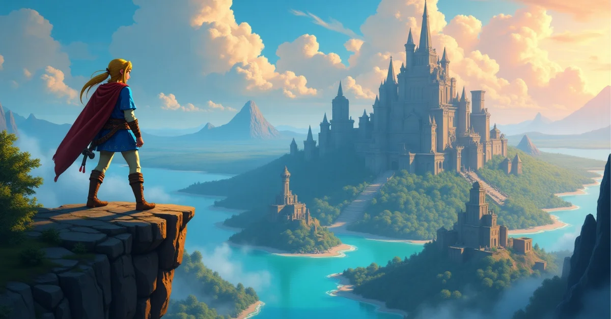 Hero overlooking fantasy castle