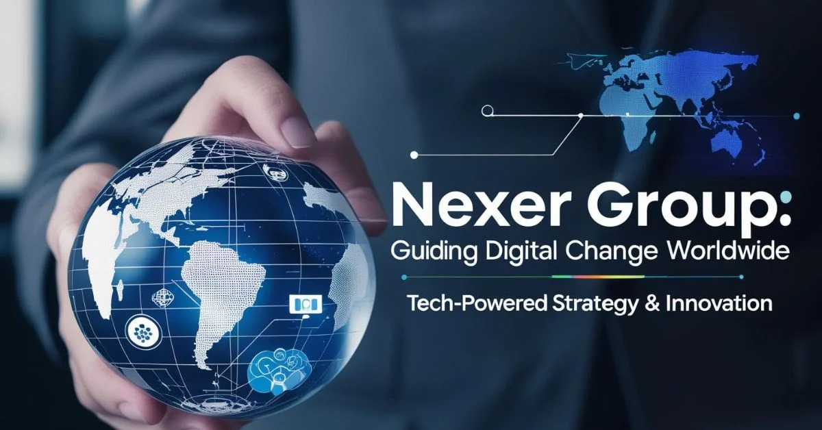 Digital globe and tech icons with Nexer Group branding