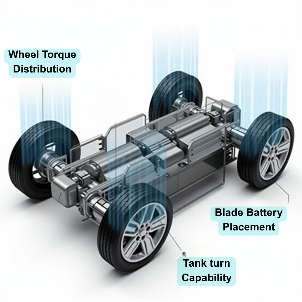 Cutaway view of BYD U8's e⁴ platform showing four independent wheel motors and Blade Battery system.