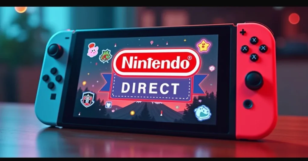 Nintendo logo and Switch 2 background showing teaser for upcoming Direct and game logos floating in the foreground.