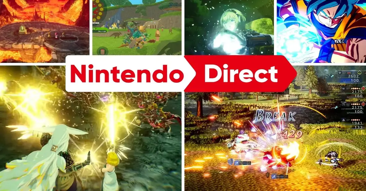 Collage of Nintendo Direct Games July 2025, highlighting new releases and updates for Switch and Switch 2 across RPG, action, and sports genres.