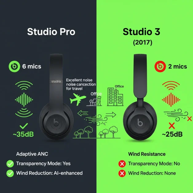 Studio Pro vs Studio 3 ANC and transparency features chart