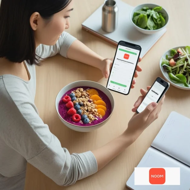 Person tracking mindful eating habits on wellness app.