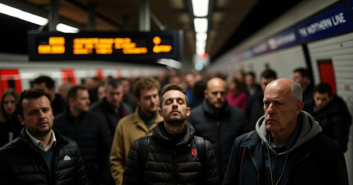 Frustrated London commuters waiting on a crowded Northern line platform during severe train delays.