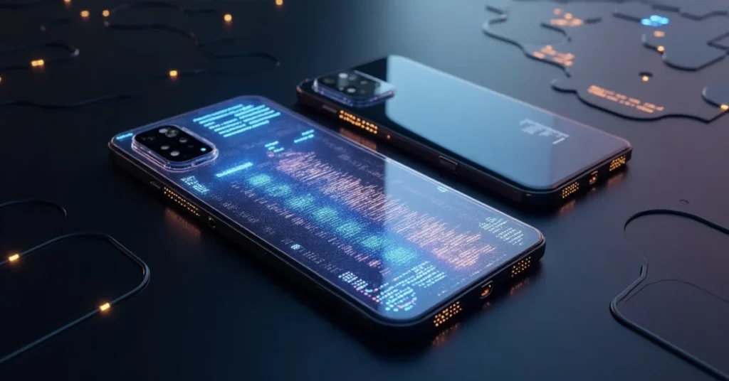 Futuristic transparent smartphone with glowing LED dot-matrix, quad cameras, and AMOLED display on a dark, tech-lit surface.