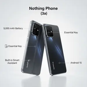 Two Nothing Phone (3a) devices shown with labels highlighting 5,000 mAh battery, Essential Key, Android 15, and built in smart assistant.