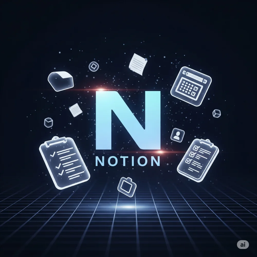 Notion logo with 3D notes on dark workspace scene