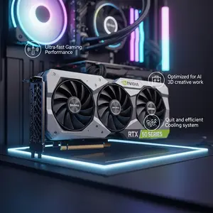 3D image of Nvidia RTX 50 Series GPU with icons showing fast gaming, AI and 3D power, and quiet cooling in a sleek setup.