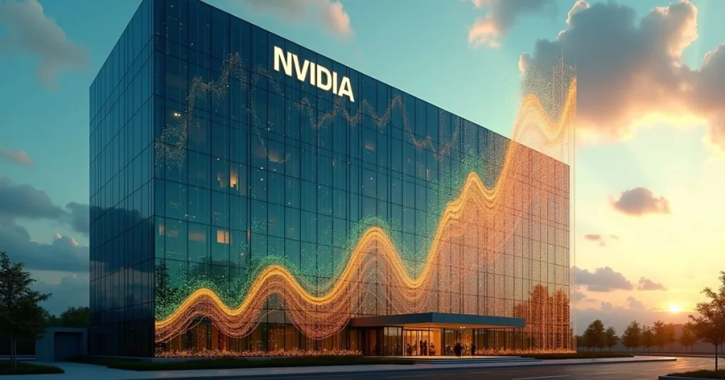 Nvidia headquarters with stock charts and AI chip visuals representing the company's expansion.