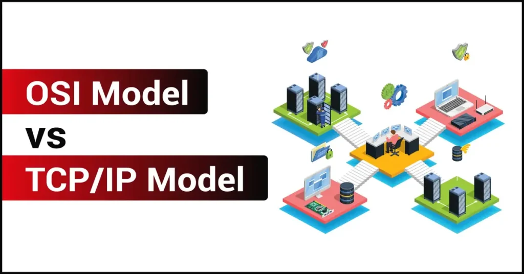 Illustration comparing the OSI and TCP/IP models, showing interconnected servers, laptops, and network devices.