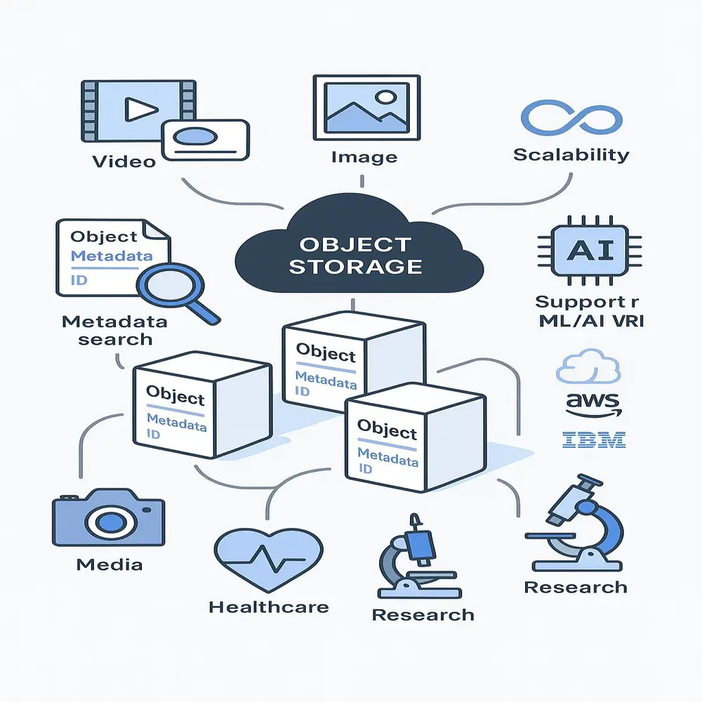 Object storage diagram showing cloud with tagged data objects, icons for media, AI, backups, and scalable cloud storage features. 