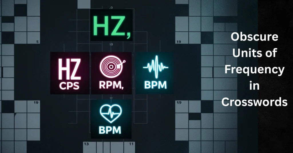 Crossword puzzle with glowing frequency units like Hz, CPS, RPM, and BPM, surrounded by icons of sound waves, records, and heartbeats.