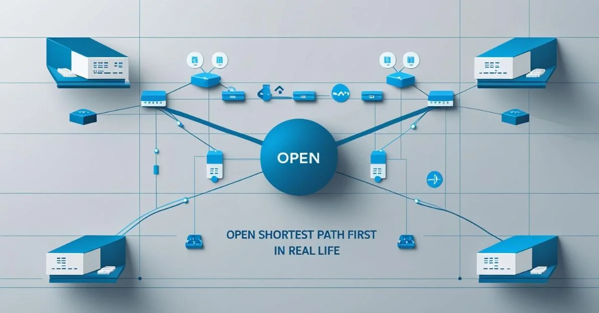Simple network map showing routers and data paths highlighting Open Shortest Path First in real use.