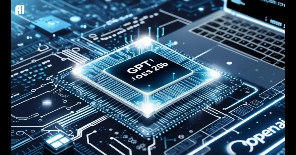 Futuristic AI chip labeled OpenAI GPT‑OSS 20B glowing with digital data streams, circuit board background, and OpenAI logo, representing open-source AI model launch.