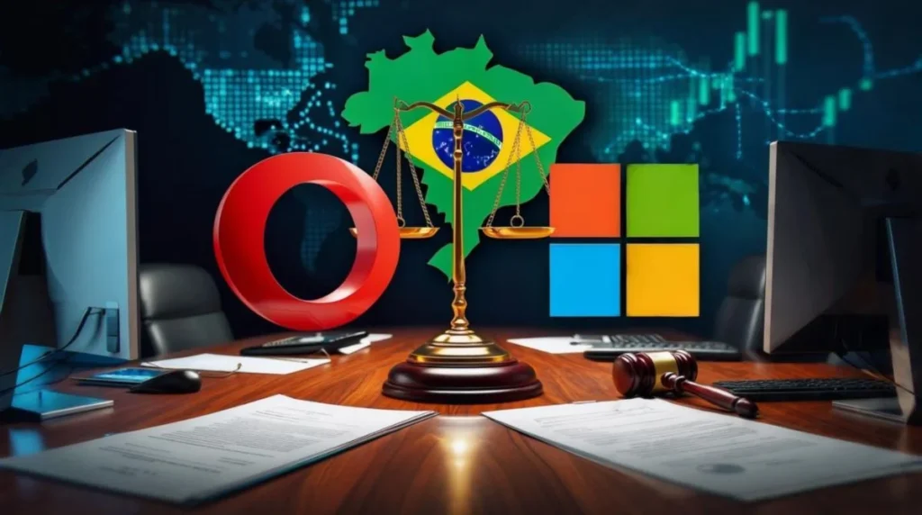 Illustration of a courtroom scene showing the Opera and Microsoft Edge logos on opposite sides, with a judge, legal documents, and a justice scale in front of a Brazilian flag map, symbolizing an antitrust case in Brazil.