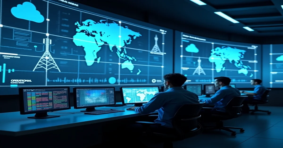 Technicians in a control center monitoring telecom network on large digital Operational Support Systems display screens.