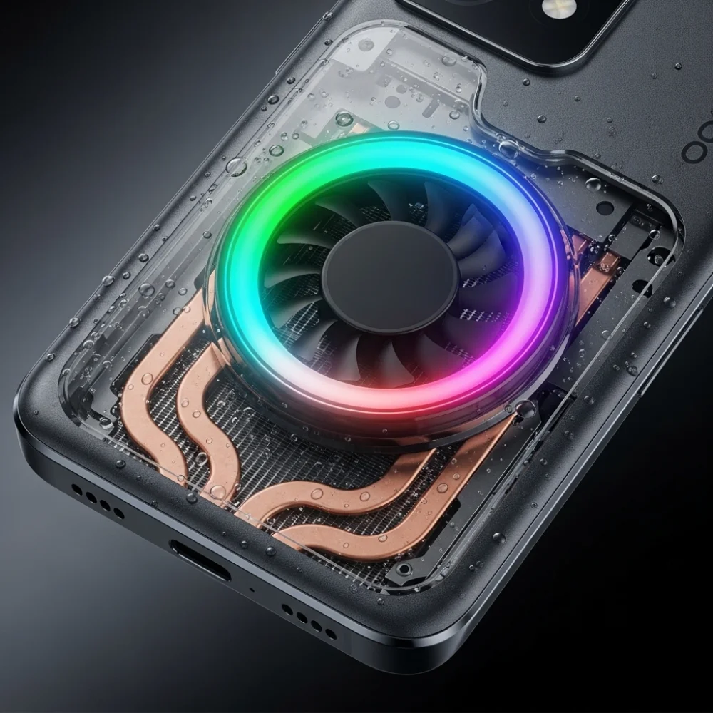 Close-up of Oppo K13 Turbo Pro 5G showing RGB cooling fan, vapor chamber system, and water-resistance sealing details.