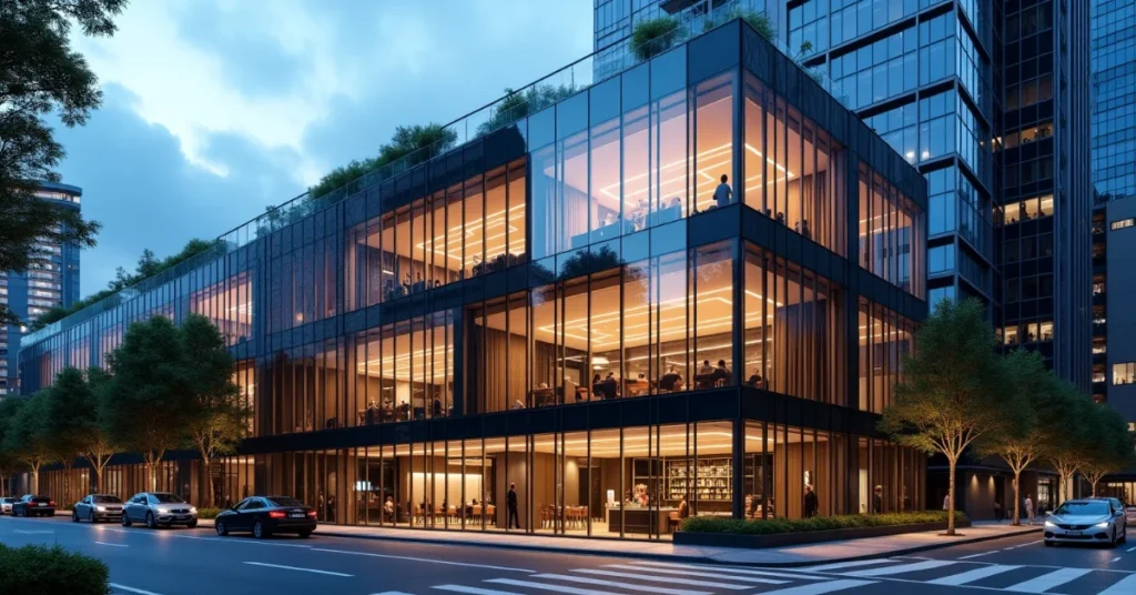 Modern glass-walled office building in a cityscape, glowing warmly at dusk with visible interior activity.