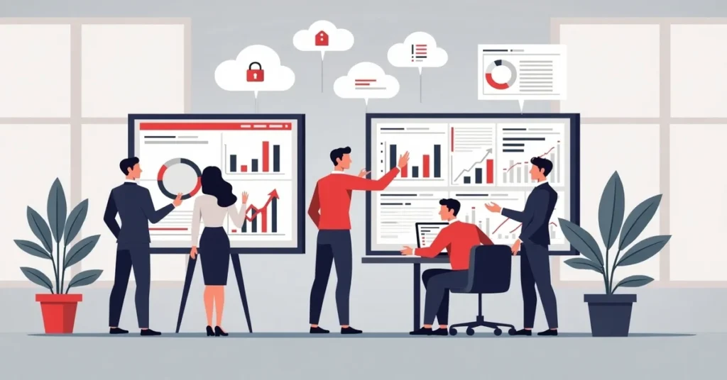 Team analyzing financial dashboards and cloud data, symbolizing Oracle EPM System features like planning and security.