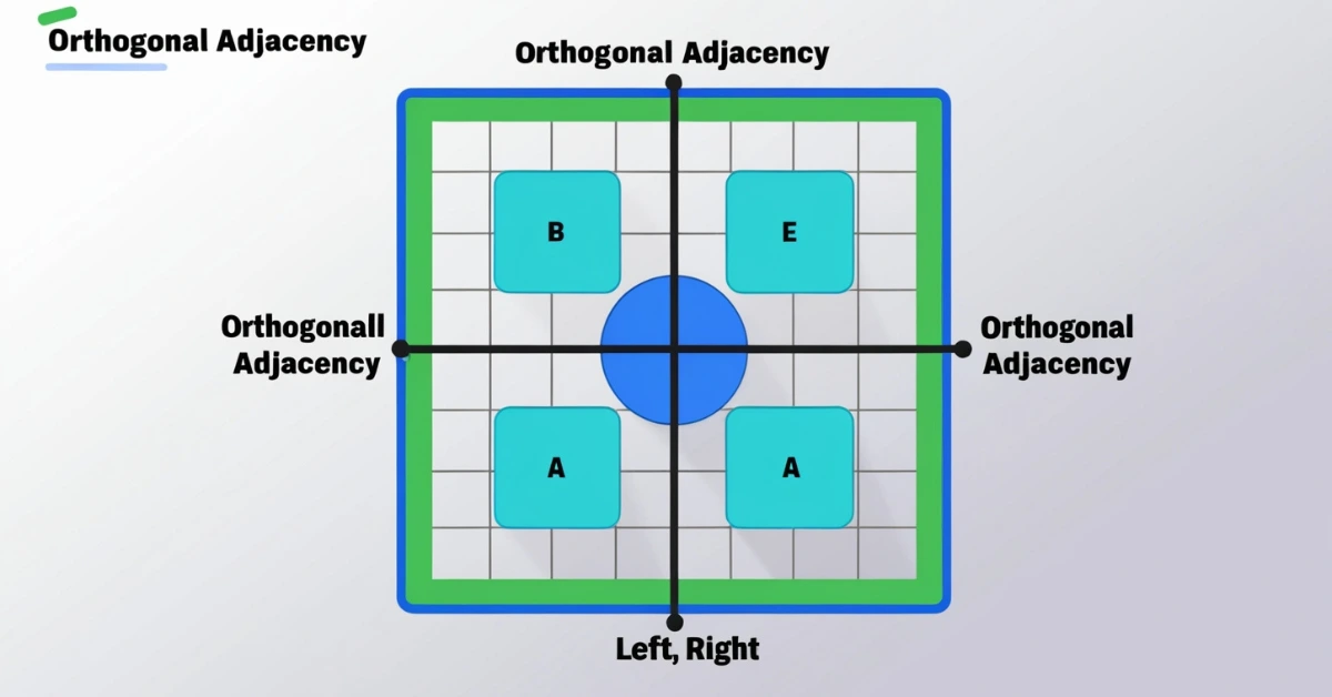 A 2D grid showing a central blue cell connected to four green orthogonally adjacent cells, representing movement in a grid system.