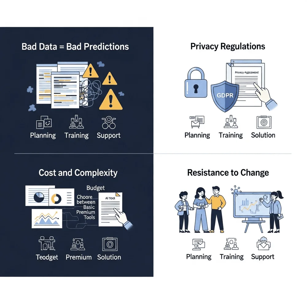 Illustration showing challenges in AI predictive analytics—bad data, privacy laws, high costs, and resistance to change—highlighting solutions that help Boost Decisions with AI. 