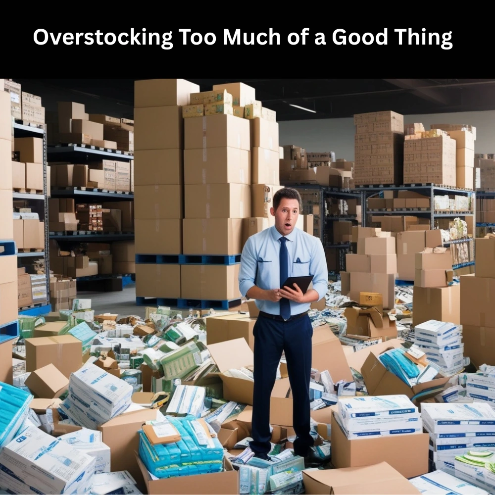 Overcrowded warehouse with excess inventory and overwhelmed manager showing overstocking problem