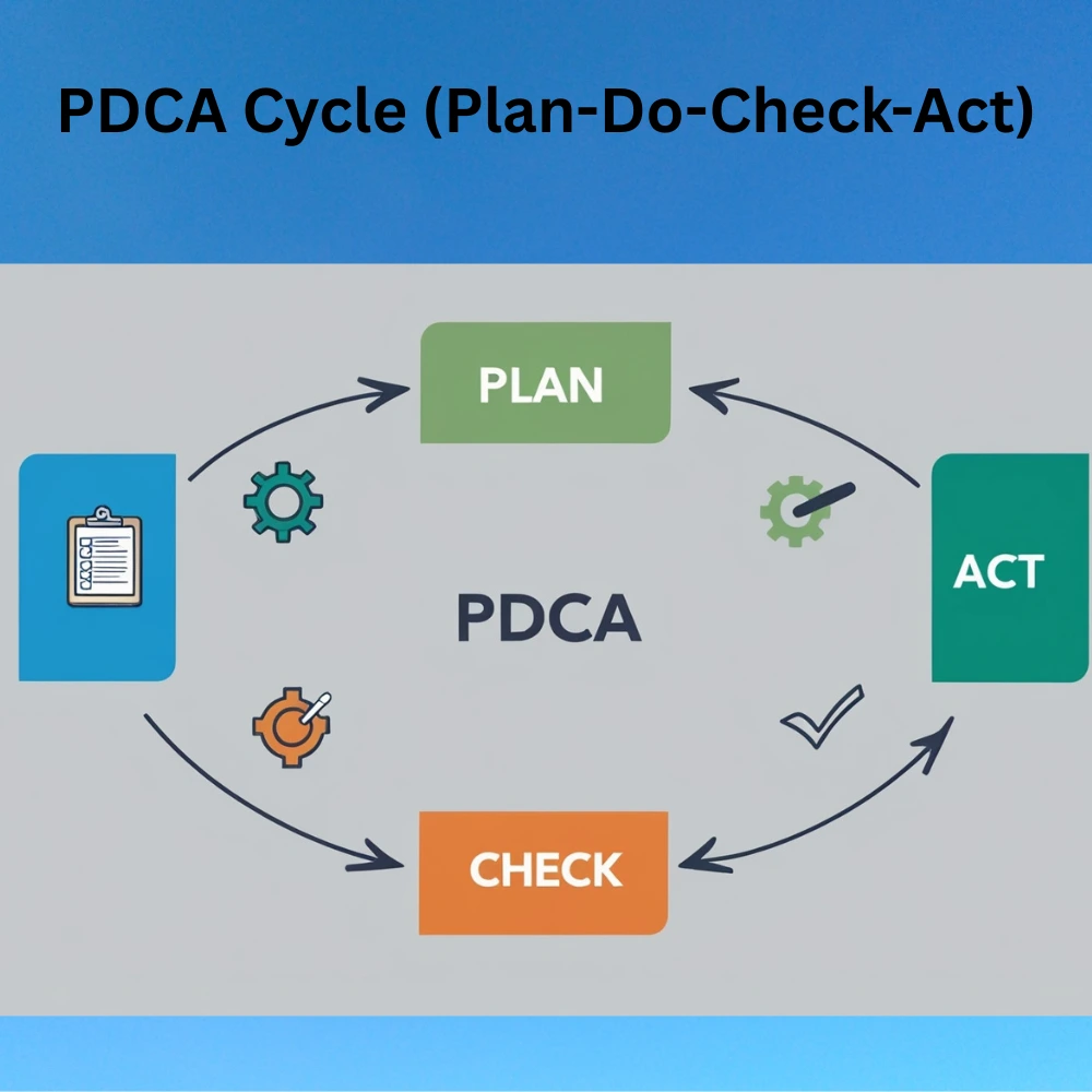 PDCA Cycle infographic showing Plan, Do, Check, and Act steps in a circular flow