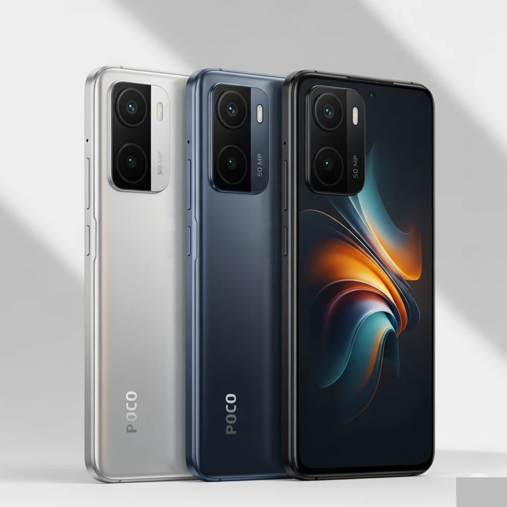 POCO M7 front and back design showcasing 6.9-inch display, dual 50 MP camera, and color options Silver, Blue, and Black.