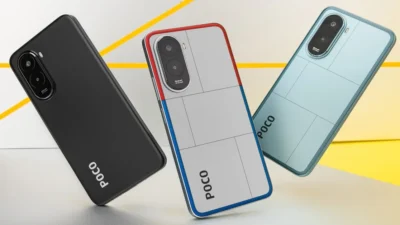 POCO M7 smartphone featuring large 6.9-inch display, dual rear camera, and sleek modern design.