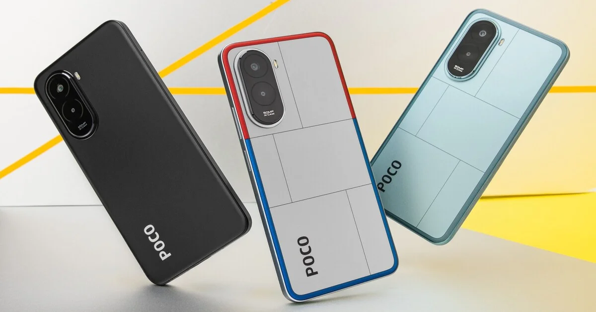 POCO M7 smartphone featuring large 6.9-inch display, dual rear camera, and sleek modern design.