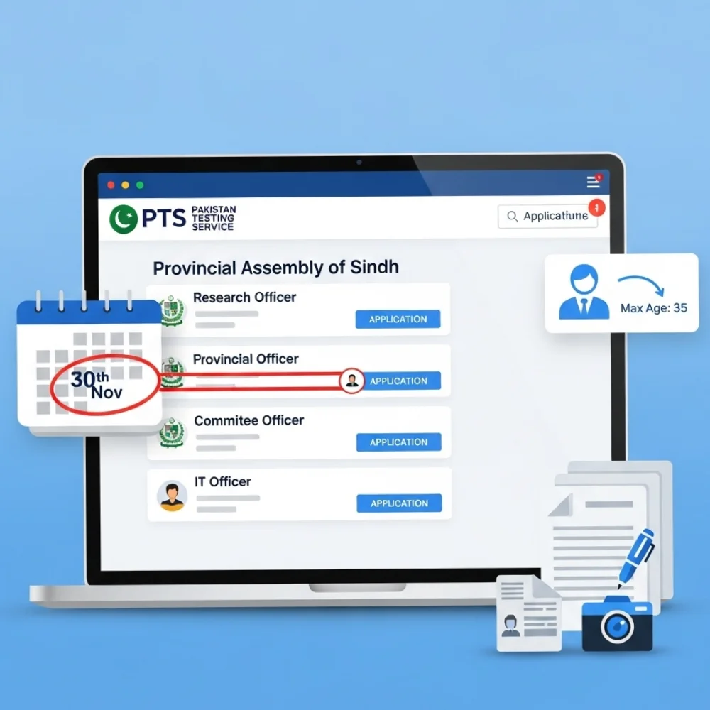 Screenshot of Pakistan Testing Service (PTS) online portal showing Provincial Assembly of Sindh job vacancies, application form submission, and deadline information.