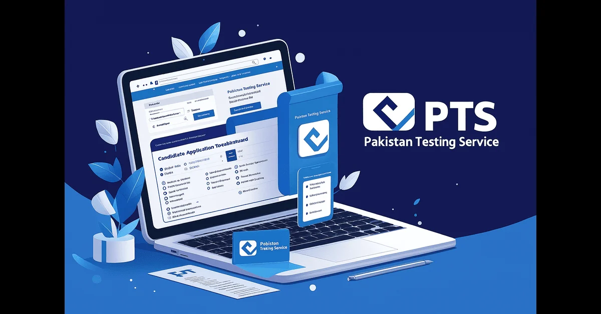 PTS Pakistan Testing Service digital portal illustration on laptop and mobile.