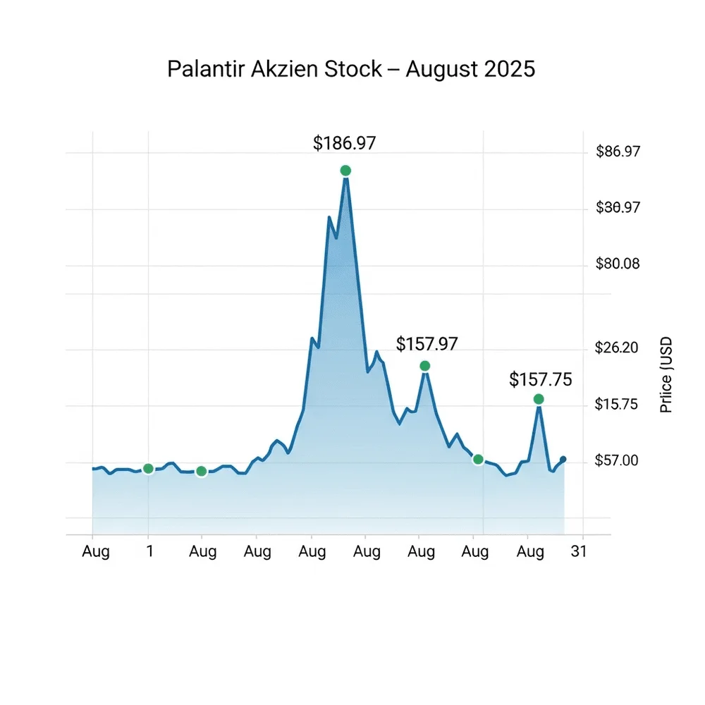 Line chart of Palantir Aktien showing peak at $186.97 on August 12 and decline to $157.75 by August 20, 2025.