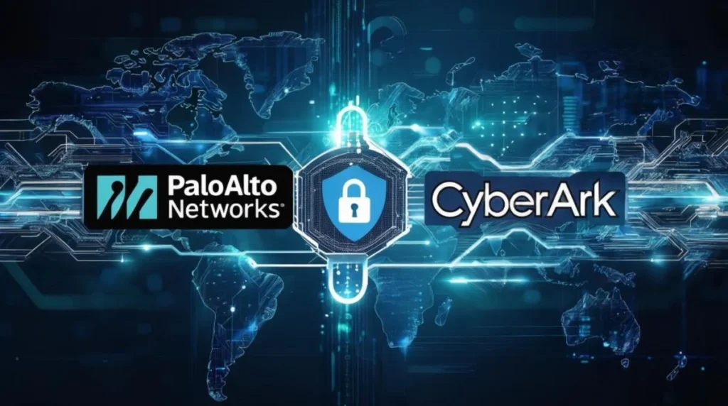 Illustration showing Palo Alto Networks and CyberArk logos connected by digital circuits, symbolizing a major $20B cybersecurity acquisition deal.