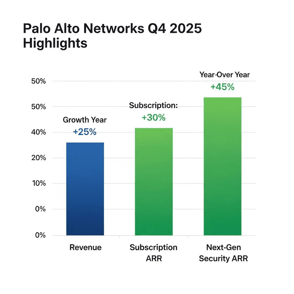 Bar chart showing Palo Alto Networks Q4 2025 revenue, subscription ARR, and next-gen security ARR growth.