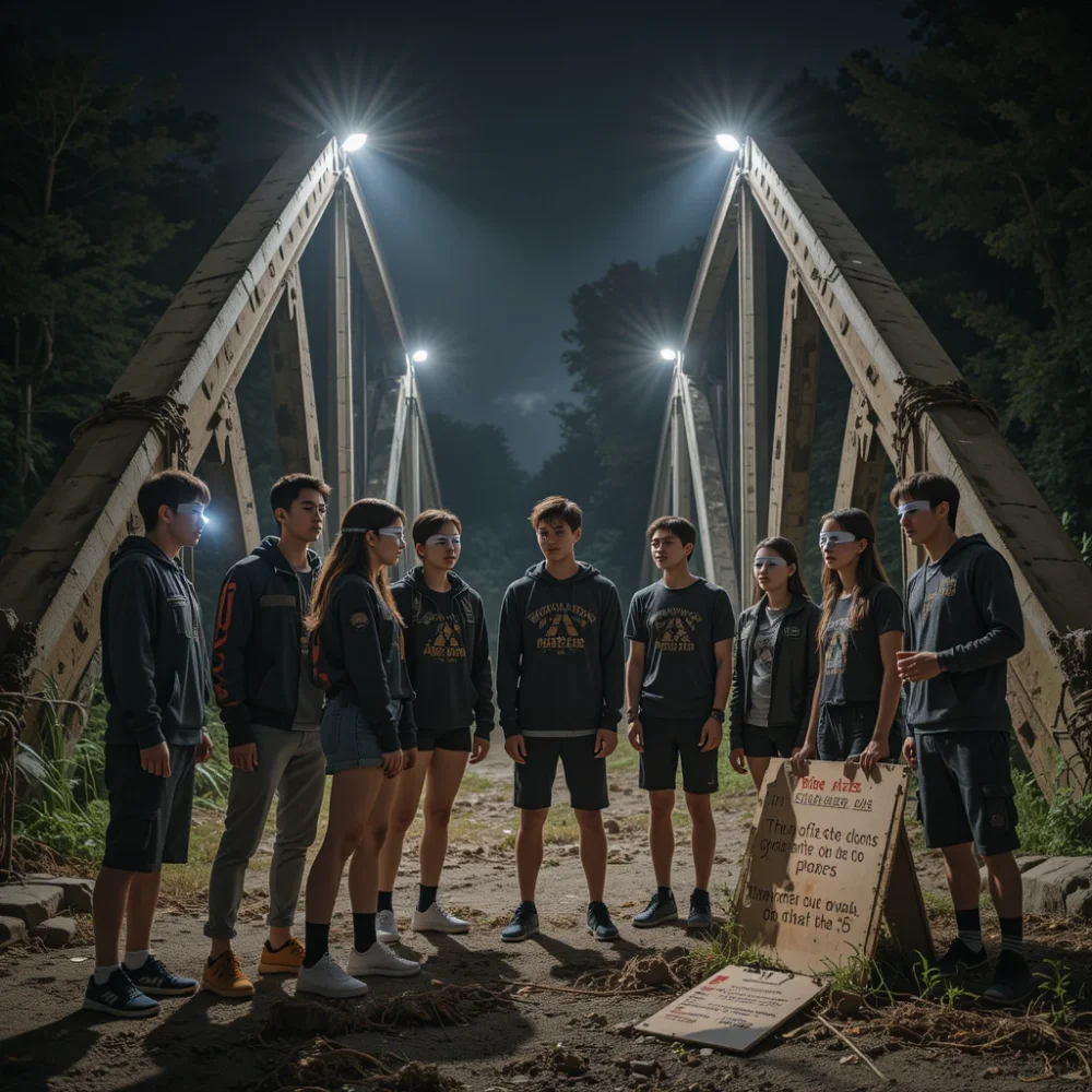 Teenagers gather near an abandoned bridge at night, lit by flashlights and surrounded by risky challenge props.