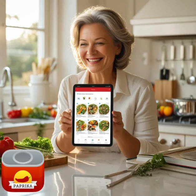 Person using a recipe app while cooking in kitchen