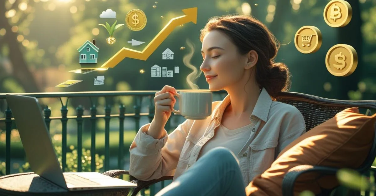 Woman enjoying coffee while passive income icons float around, symbolizing financial freedom.